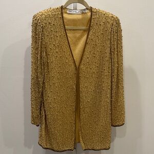Scala Vintage Gold Beaded Silk Blazer Jacket XL Open Front Embroidered Formal